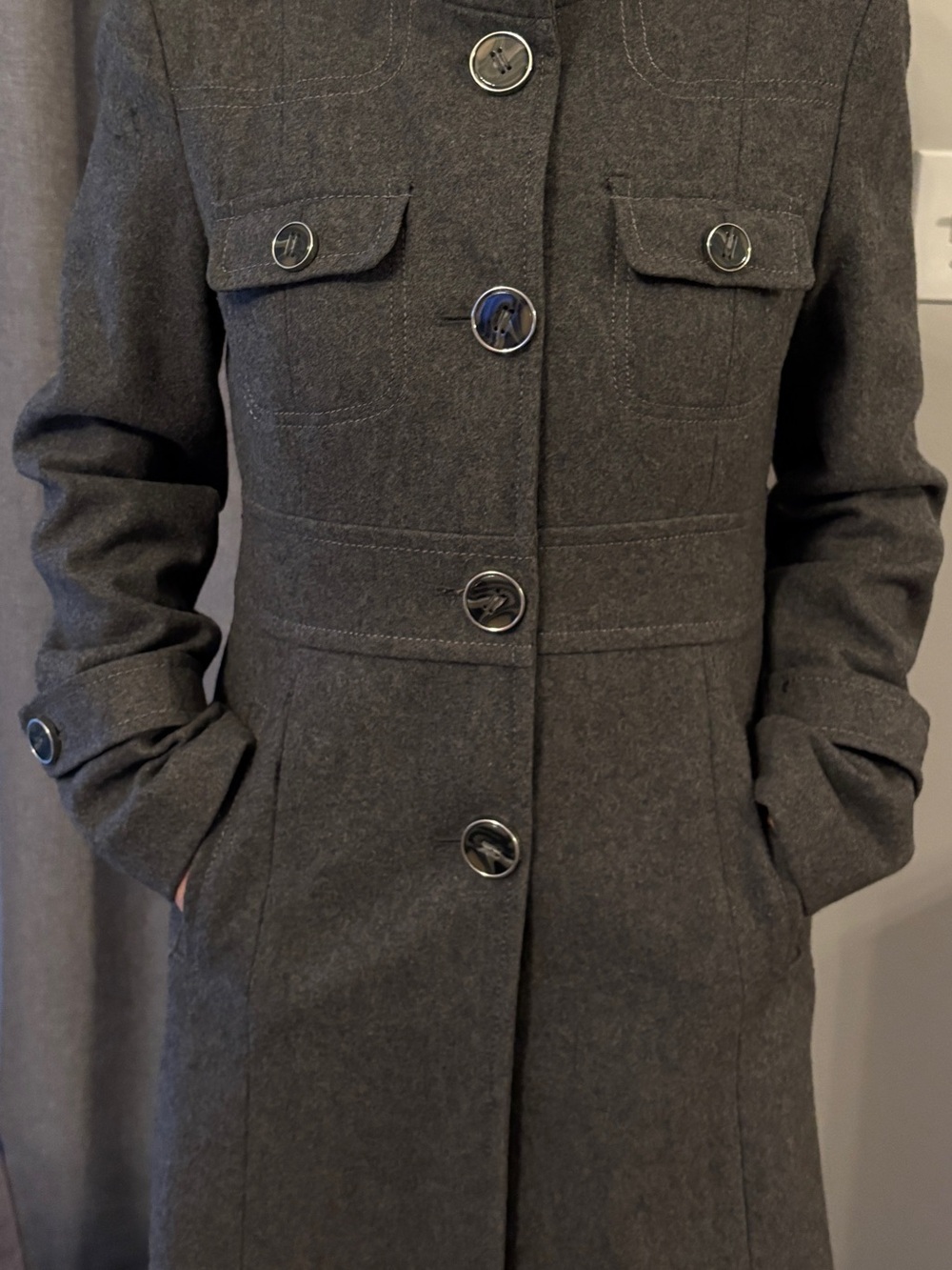 Kenneth Cole Dark Gray Button-Front Lightweight Wool Coat, Size 2